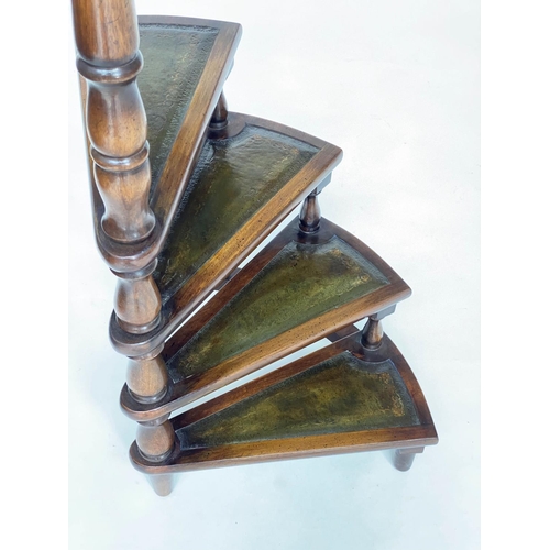 145 - LIBRARY STEPS, a set, Georgian style mahogany with four gilt tooled leather tread spiral steps and p... 