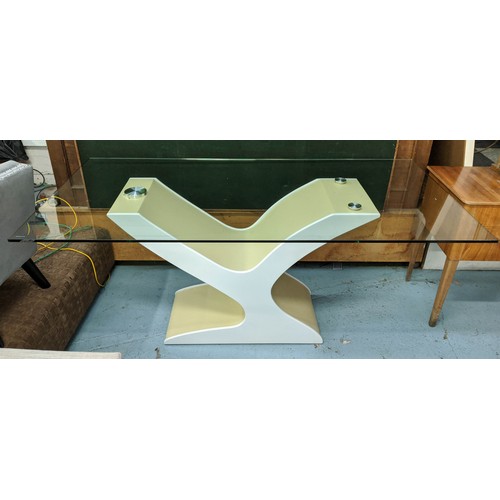 364 - DINING TABLE, 180cm x 90cm x 77cm, contemporary design, abstract base, tempered glass top.