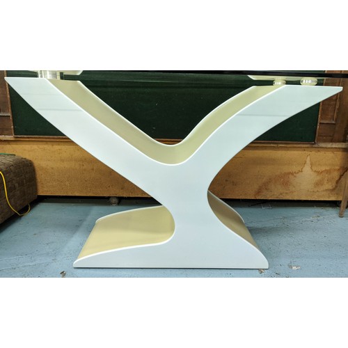 364 - DINING TABLE, 180cm x 90cm x 77cm, contemporary design, abstract base, tempered glass top.