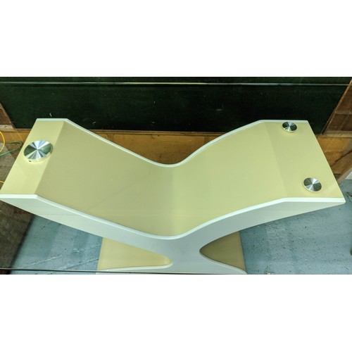 364 - DINING TABLE, 180cm x 90cm x 77cm, contemporary design, abstract base, tempered glass top.