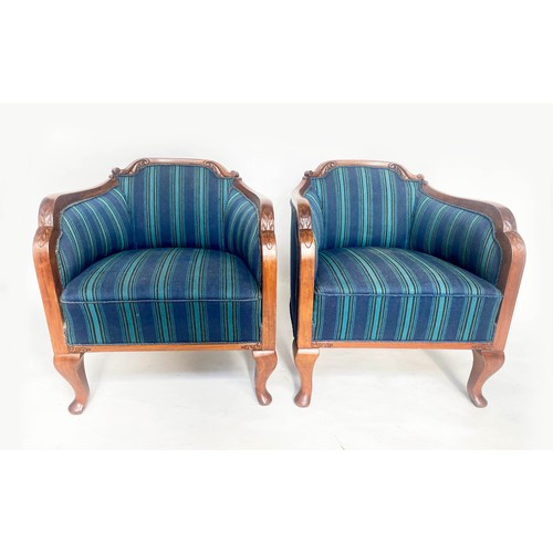 141 - ART DECO ARMCHAIRS, a pair walnut with blue tapestry stripe upholstery and carved frames, 66cm W. (2... 