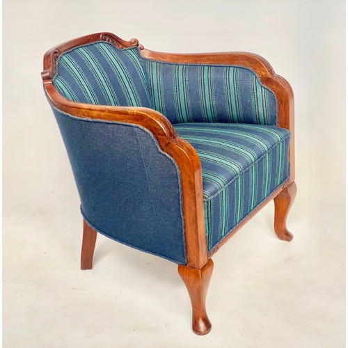 141 - ART DECO ARMCHAIRS, a pair walnut with blue tapestry stripe upholstery and carved frames, 66cm W. (2... 