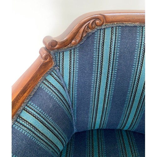 141 - ART DECO ARMCHAIRS, a pair walnut with blue tapestry stripe upholstery and carved frames, 66cm W. (2... 