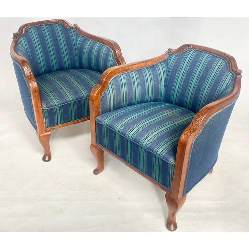 141 - ART DECO ARMCHAIRS, a pair walnut with blue tapestry stripe upholstery and carved frames, 66cm W. (2... 