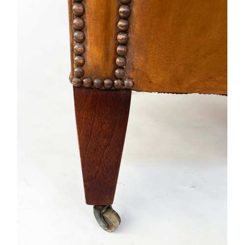 139 - DESK CHAIR, Edwardian brass studded mid brown leather with raised bow back and square tapering suppo... 