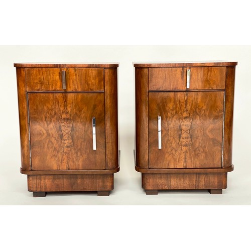 111 - BEDSIDE CABINETS, a pair, Art Deco figured walnut each with drawer and panelled door, 41cmx  35cm x ... 