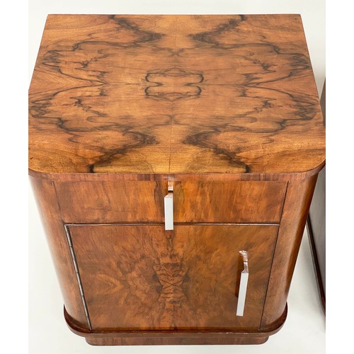 111 - BEDSIDE CABINETS, a pair, Art Deco figured walnut each with drawer and panelled door, 41cmx  35cm x ... 