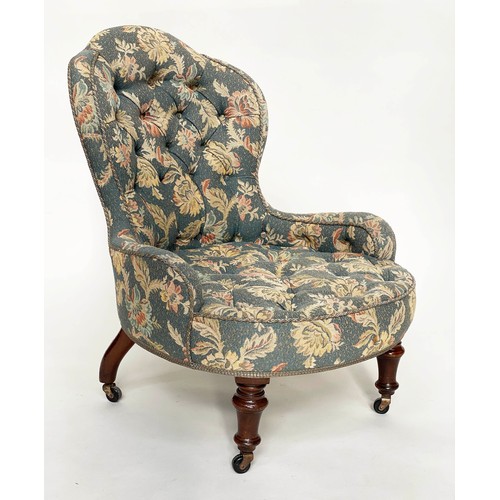 143 - ARMCHAIR, Victorian walnut with blue tapestry type upholstery with button seat and back and turned s... 