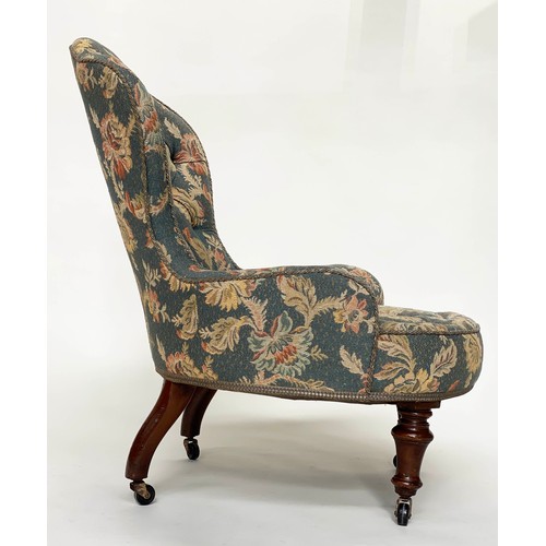 143 - ARMCHAIR, Victorian walnut with blue tapestry type upholstery with button seat and back and turned s... 