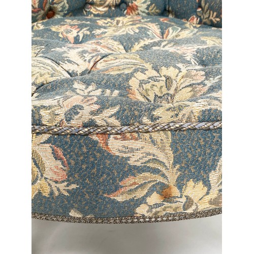 143 - ARMCHAIR, Victorian walnut with blue tapestry type upholstery with button seat and back and turned s... 