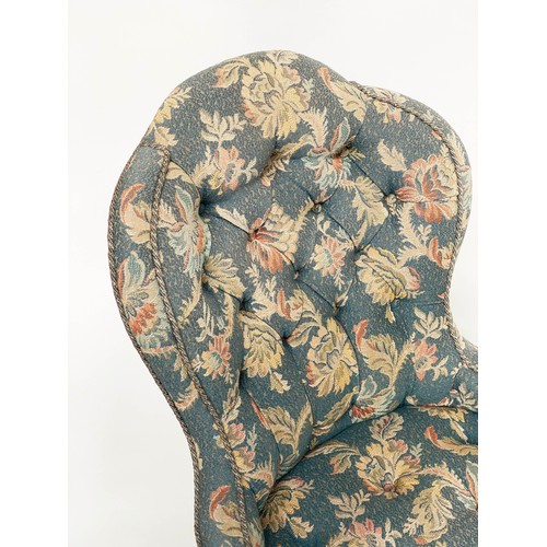 143 - ARMCHAIR, Victorian walnut with blue tapestry type upholstery with button seat and back and turned s... 