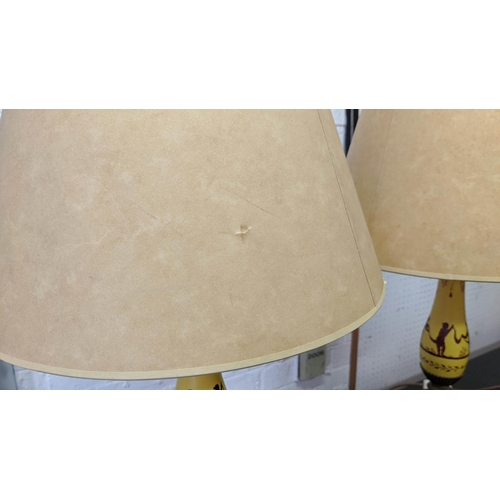 434 - TABLE LAMPS, a pair, 72cm H overall with shades, painted with Grecian design. (2)