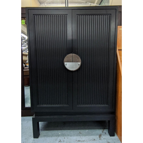 438 - CABINET, 113cm x 45cm x 171.5cm, contemporary Asian inspired design, ebonised with three shelves.