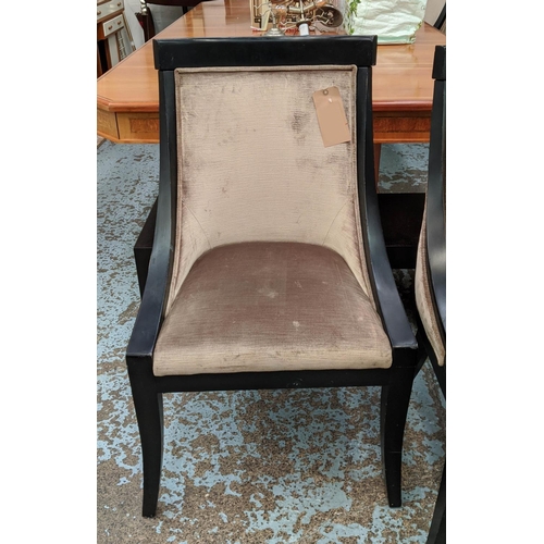 445 - DINING CHAIRS, a set of eight, 96cm H, ebonised frames, velvet upholstered. (8)