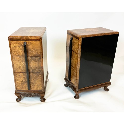 225 - BEDSIDE CABINETS, a pair, Art Deco, burr walnut and ebonised, each with three drawers 74cm H x 32cm ... 