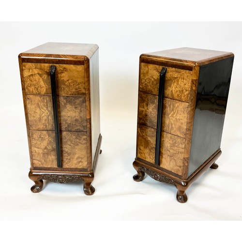 225 - BEDSIDE CABINETS, a pair, Art Deco, burr walnut and ebonised, each with three drawers 74cm H x 32cm ... 