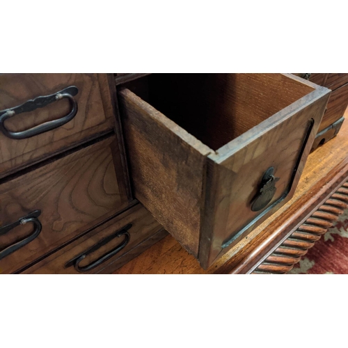 223 - SIAM TABLE TOP CHEST, 38cm W x 27cm D x 29cm H, antique elm with six drawers and an Asian table top ... 