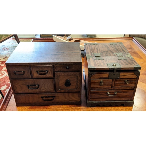 223 - SIAM TABLE TOP CHEST, 38cm W x 27cm D x 29cm H, antique elm with six drawers and an Asian table top ... 