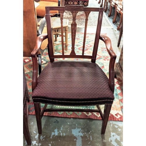 221 - DINING CHAIRS, a set of twelve, 88cm H, Sheraton style, mahogany with purple patterned upholstered s... 