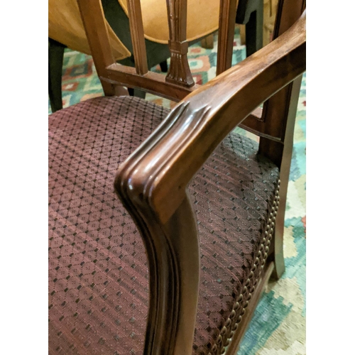 221 - DINING CHAIRS, a set of twelve, 88cm H, Sheraton style, mahogany with purple patterned upholstered s... 