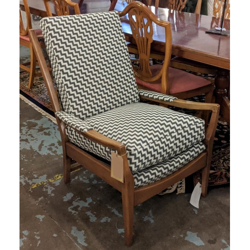 220 - ARMCHAIRS, 92cm H x 65cm, a pair, mid 20th century beechwood in black and white upholstery. (2)