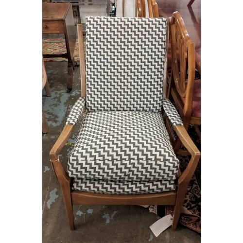 220 - ARMCHAIRS, 92cm H x 65cm, a pair, mid 20th century beechwood in black and white upholstery. (2)