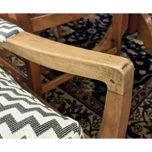 220 - ARMCHAIRS, 92cm H x 65cm, a pair, mid 20th century beechwood in black and white upholstery. (2)