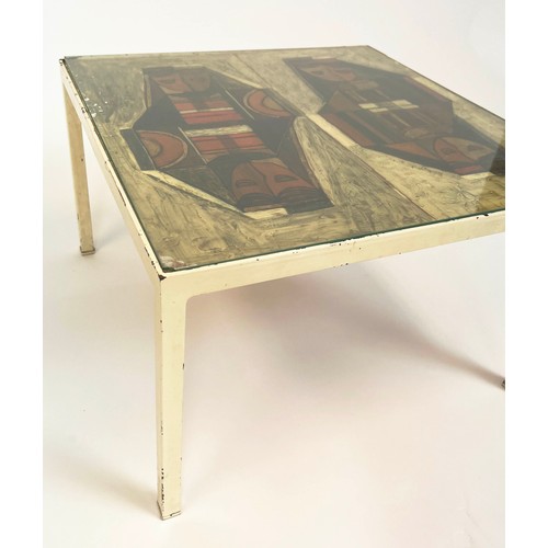 346 - LOW TABLE, 33cm H x 51cm W x 51cm D, metal frame with inset glass and contemporary art decorated top... 