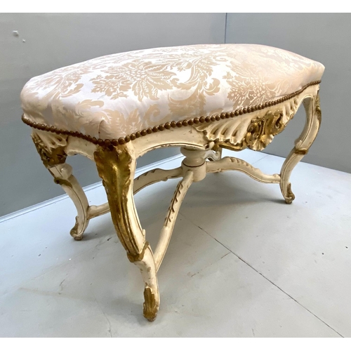 230 - HALL SEAT, 112cm x 70cm x 80cm, French Rococo style, white painted and giltwood with silk upholstere... 