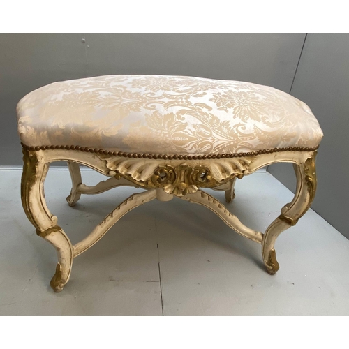 230 - HALL SEAT, 112cm x 70cm x 80cm, French Rococo style, white painted and giltwood with silk upholstere... 