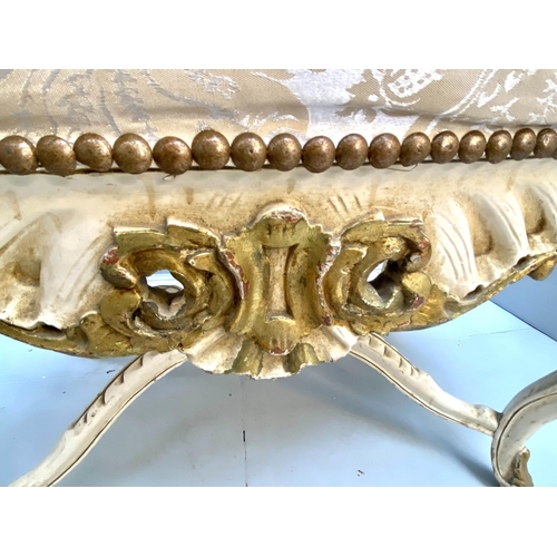 230 - HALL SEAT, 112cm x 70cm x 80cm, French Rococo style, white painted and giltwood with silk upholstere... 