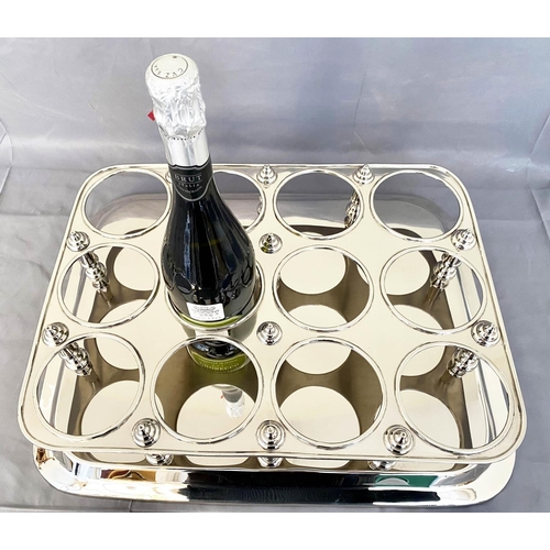 428 - WINE BOTTLE HOLDER, 11cm x 50cm x 39cm, polished metal, with sections for twelve bottles.