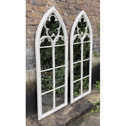 433 - ARCHITECTURAL GARDEN MIRRORS, a pair, Gothic style painted metal frames with overlaid detail, 154x60... 