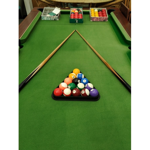 467 - SLATE TOP POOL TABLE, 220cm x 128cm x 78cm, with a set of American pool balls, English pool balls, s... 