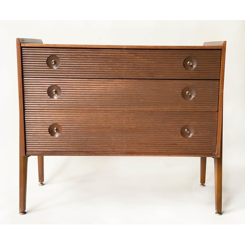 456 - MANNER OF RICHARD HORNBY CHEST, 1970s teak with three long reeded front drawers, 90cm x 45cm x 76cm ... 