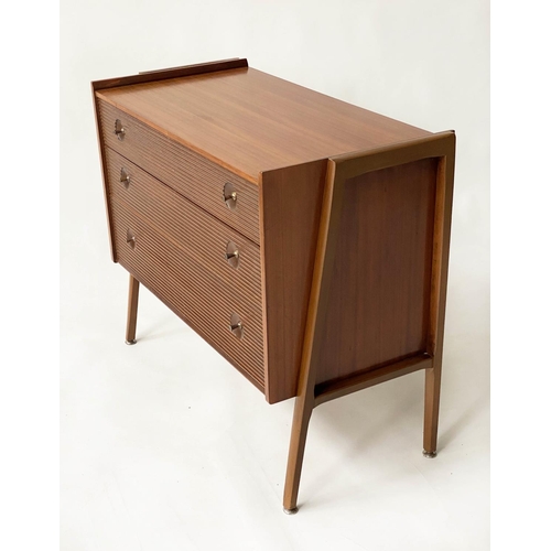 456 - MANNER OF RICHARD HORNBY CHEST, 1970s teak with three long reeded front drawers, 90cm x 45cm x 76cm ... 