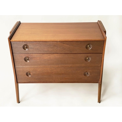 456 - MANNER OF RICHARD HORNBY CHEST, 1970s teak with three long reeded front drawers, 90cm x 45cm x 76cm ... 