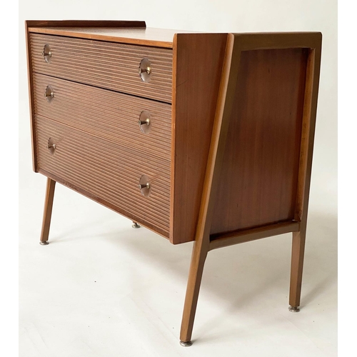 456 - MANNER OF RICHARD HORNBY CHEST, 1970s teak with three long reeded front drawers, 90cm x 45cm x 76cm ... 