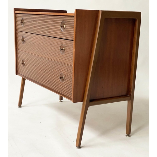 456 - MANNER OF RICHARD HORNBY CHEST, 1970s teak with three long reeded front drawers, 90cm x 45cm x 76cm ... 