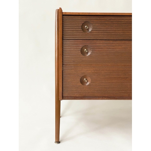 456 - MANNER OF RICHARD HORNBY CHEST, 1970s teak with three long reeded front drawers, 90cm x 45cm x 76cm ... 