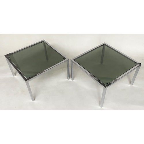 457 - MANNER OF MERROW ASSOCIATES SIDE TABLES, a pair, 1970s square chrome framed with sepia glass, 61cm x... 