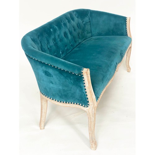 423 - SOFA, French style lined oak with deep button and studded ocean blue velvet upholstery, 137cm W.