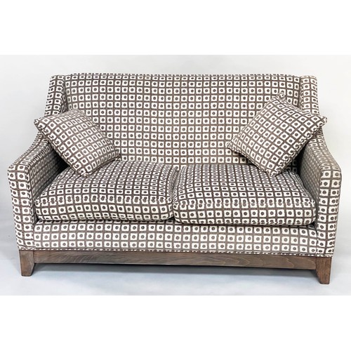 377 - SOFA, 1970's style geometric upholstered with feather filled cushions and tapering supports, 163cm W... 