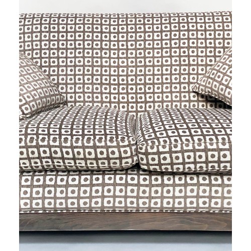 377 - SOFA, 1970's style geometric upholstered with feather filled cushions and tapering supports, 163cm W... 