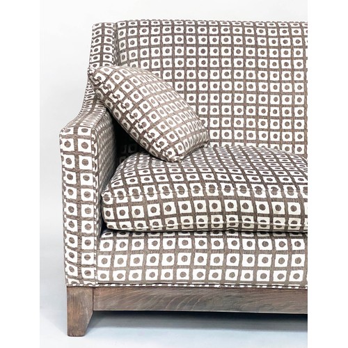 377 - SOFA, 1970's style geometric upholstered with feather filled cushions and tapering supports, 163cm W... 