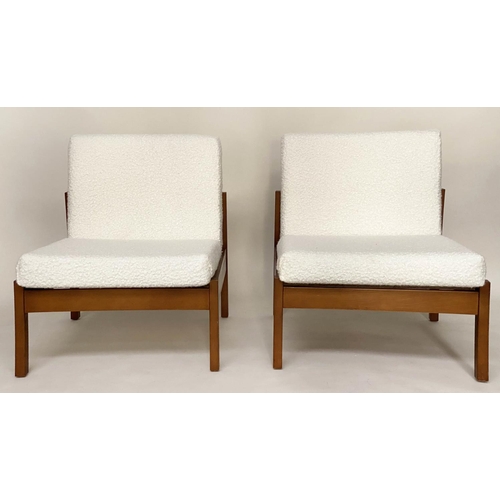 378 - COCKTAIL CHAIRS, a pair, 1970s teak with bouclé upholstery, 61cm W. (2)