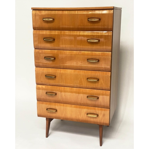 415 - MEREDEW TALL CHEST, 65cm x 48cm x 144cm, 1960s polished figured elm, with six shaped drawers and tap... 