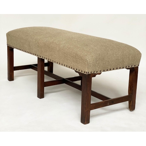 267 - HALL BENCH, George III mahogany, rectangular studded raw linen upholstered with stretched supports, ... 