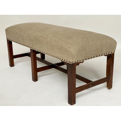 267 - HALL BENCH, George III mahogany, rectangular studded raw linen upholstered with stretched supports, ... 