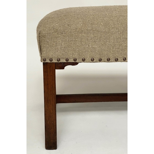 267 - HALL BENCH, George III mahogany, rectangular studded raw linen upholstered with stretched supports, ... 